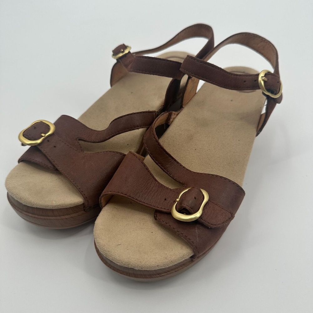 Dansko Brown Leather Strappy Sandals with Gold Buckles